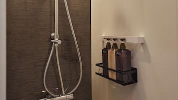 Ducha moderna con cabezal de ducha de mano y ducha de lluvia, montada en una pared con panel de madera.