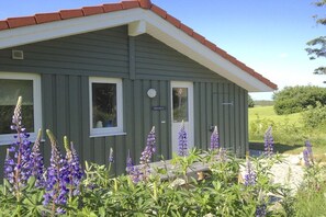 A single-story building with a grey exterior and a red roof. There are two windows on the front, one with a white frame and one with a dark frame. In front of the building, there is a wooden bench and purple flowers. - Marina Hülsen - Skipper Lodge East (Kosel)
