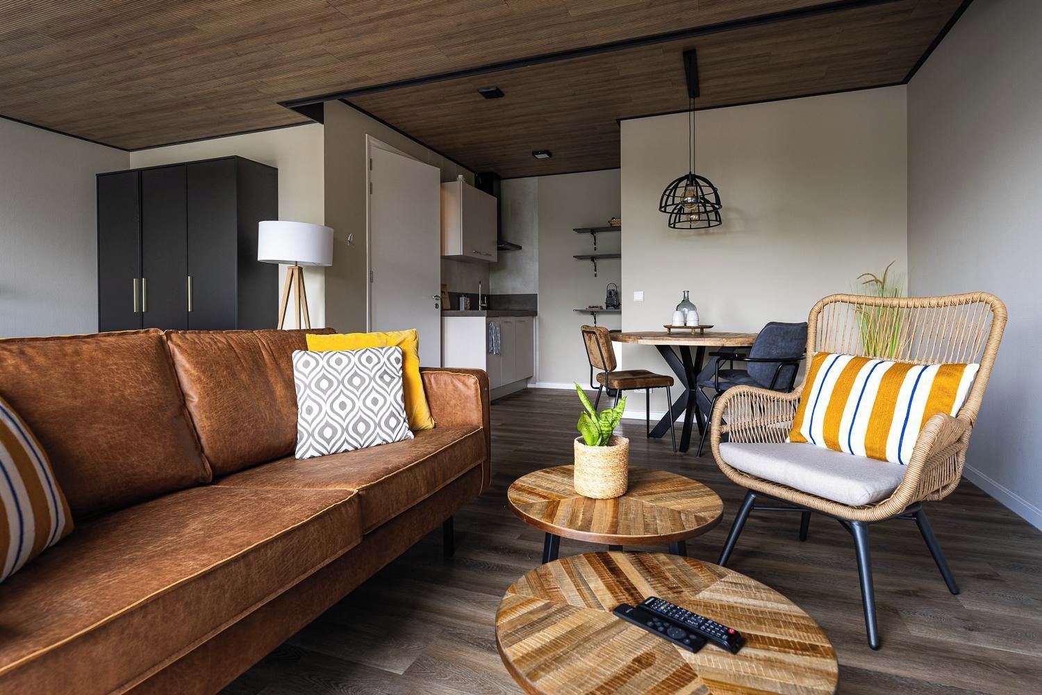 Ein modernes Wohnzimmer mit einem braunen Sofa, einem Korbstuhl und einem runden Couchtisch.