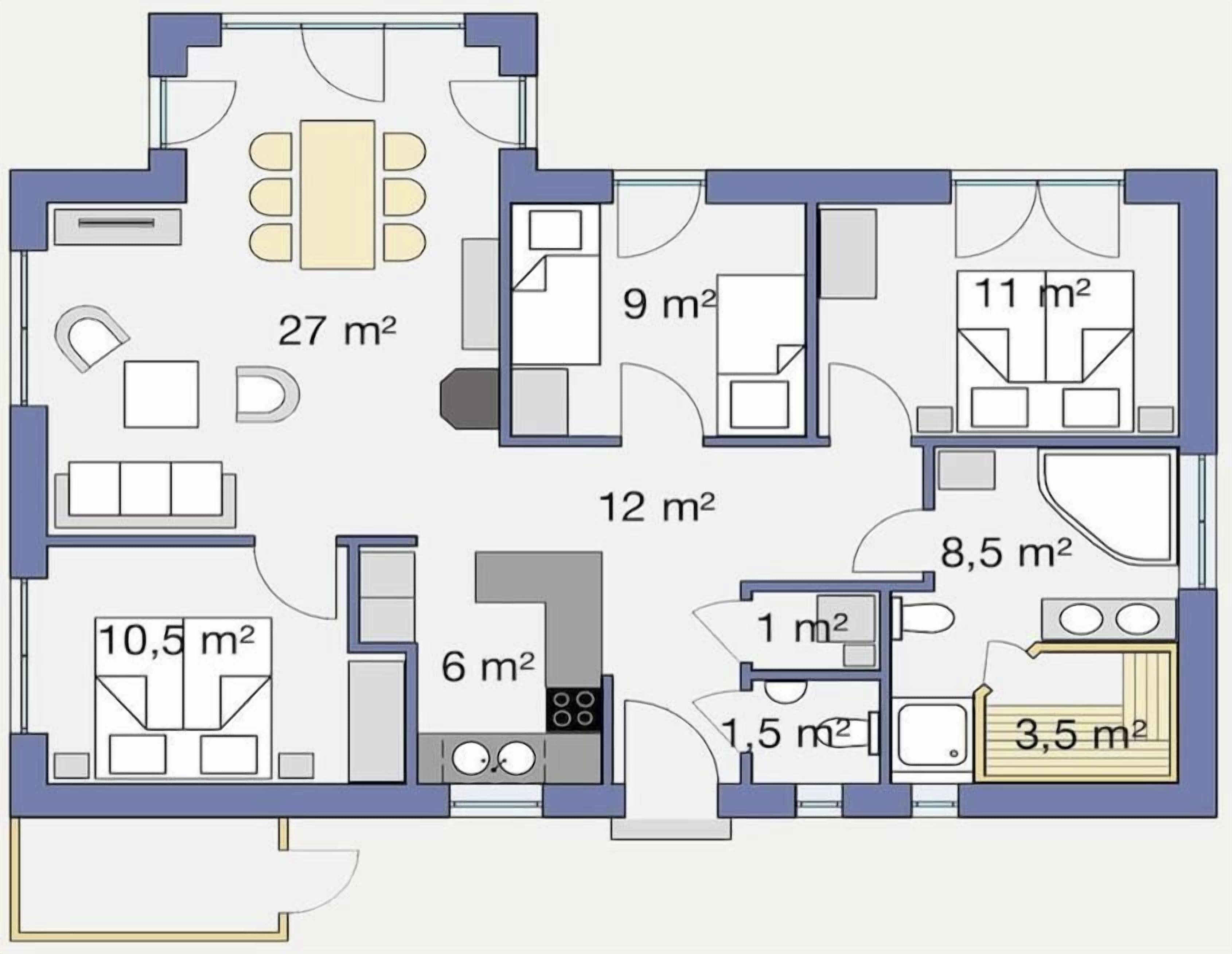 A floor plan with various rooms and their sizes, including a 27 m² living area, a 12 m² bedroom, and a 9 m² bathroom.