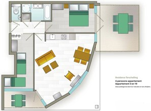 Grundriss einer 4-Personen-Ferienwohnung mit Küche, Essbereich und Wohnzimmer.