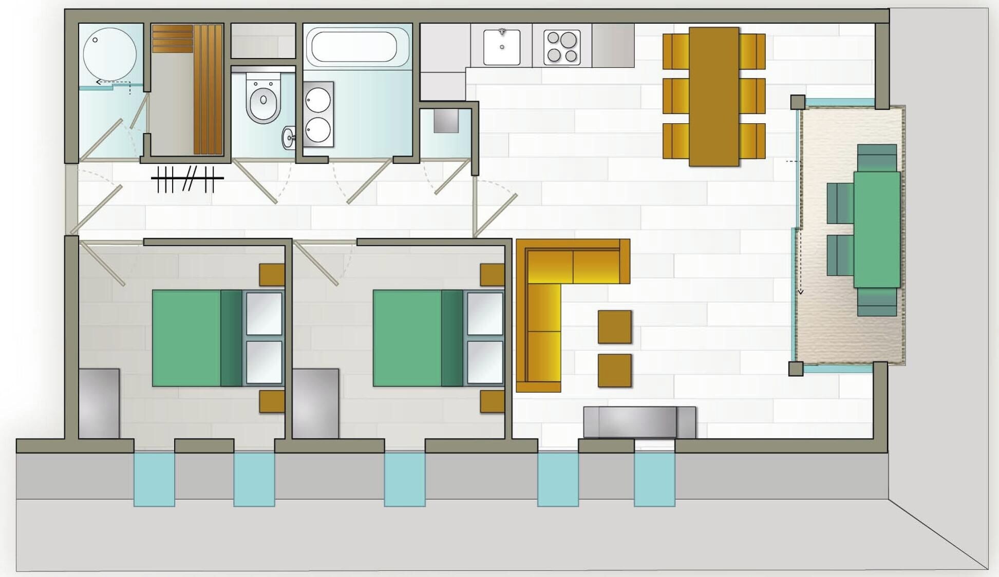 Ein Grundriss eines Hotelzimmers mit Badezimmer, einer Küchenzeile, einem Essbereich und einer separaten Wohnlounge.