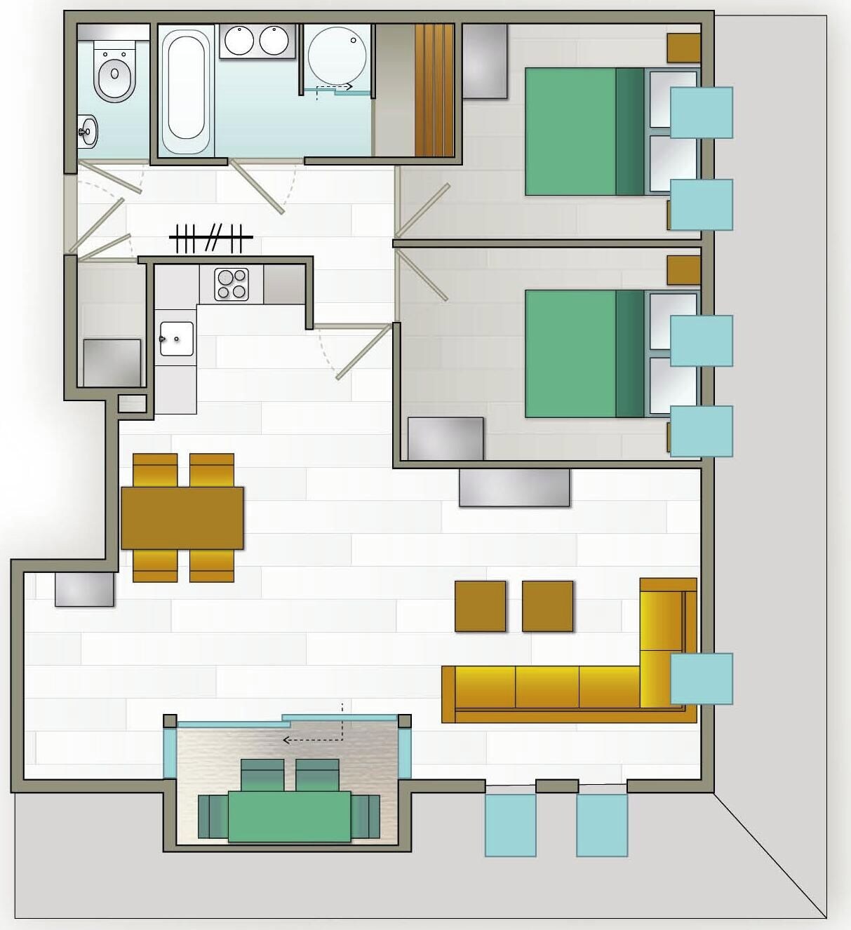 Plano de planta de una habitación de hotel con kitchenette, baño, sala de estar con sofá y mesa de comedor, y un área de dormitorio separada.