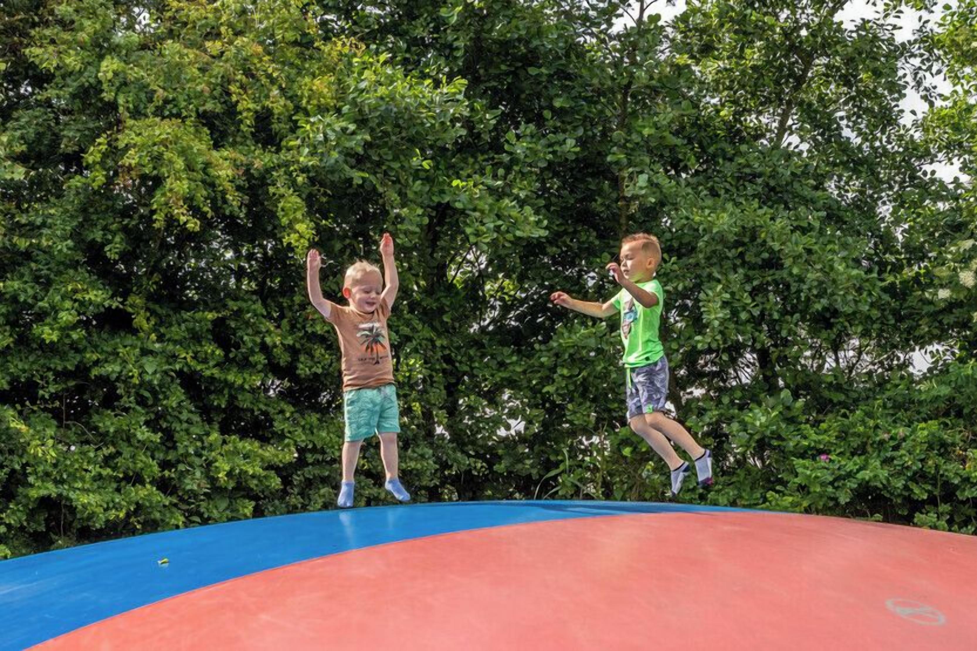 Twee kinderen springen op een trampoline met een rood en blauw oppervlak, omgeven door groene bomen.