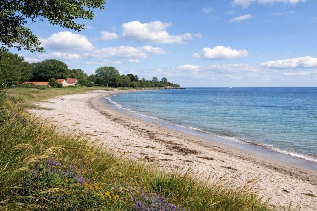 Une plage avec un rivage sablonneux, un ciel dégagé et un voilier à l’horizon.