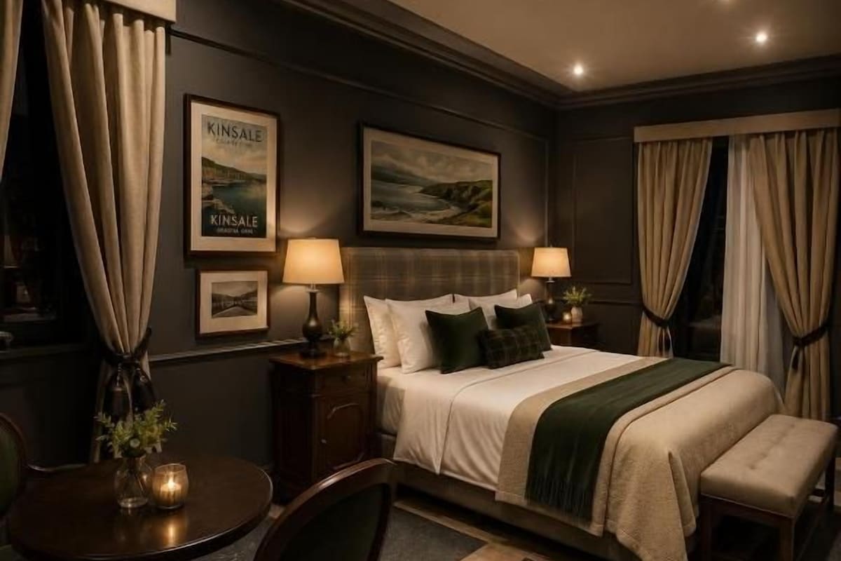 Een hotelkamer met een bed, nachtkastjes, een stoel, een klein tafeltje en gordijnen.