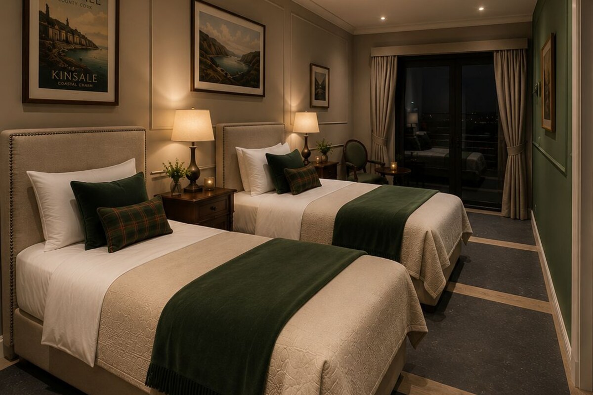 Habitación de hotel con dos camas, vistas de la ciudad y un cuadro enmarcado de Kinsale en la pared.