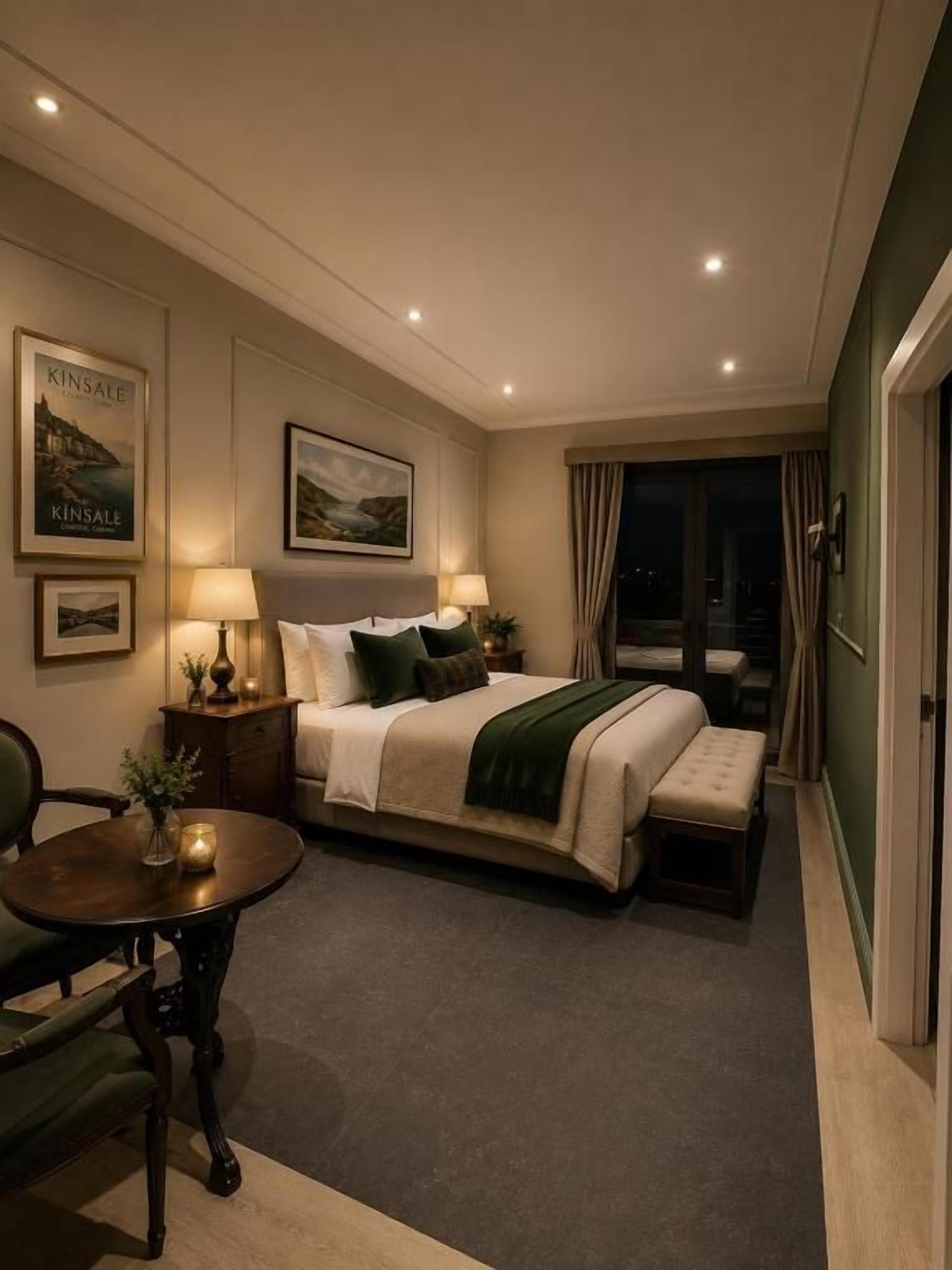 Habitación de hotel con cama, mesitas de noche, escritorio y una silla. Se observan cuadros en la pared y una ventana con cortinas.