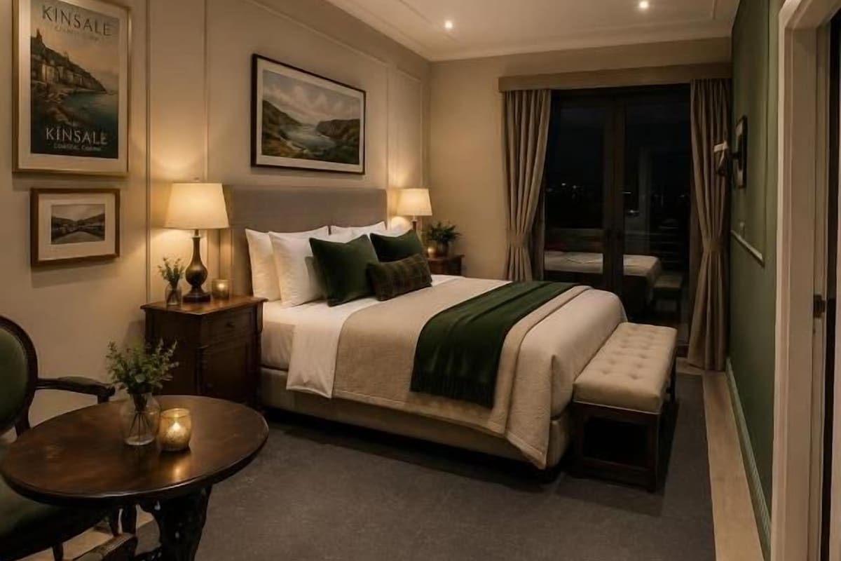 Een hotelkamer met een bed, nachtkastjes, een bureau en een stoel. Er hangen afbeeldingen in lijsten aan de muur en er is een raam met gordijnen.