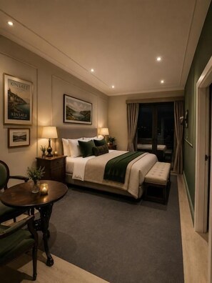 Habitación de hotel con cama, mesitas de noche, escritorio y una silla. Se observan cuadros en la pared y una ventana con cortinas.