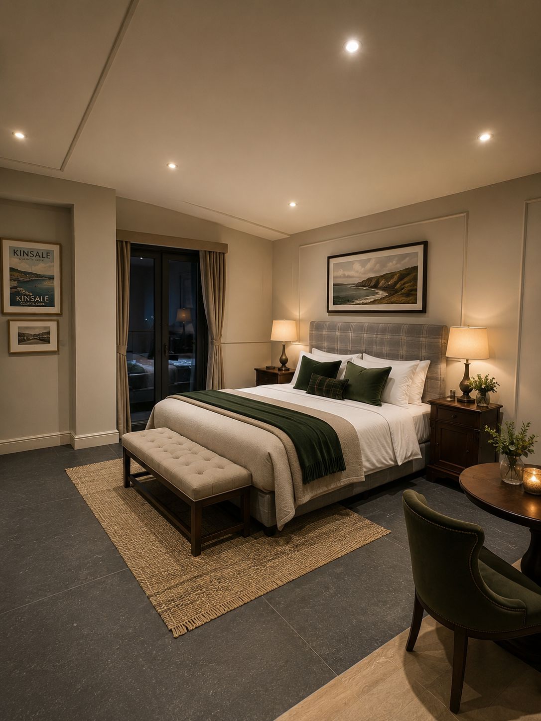 Un dormitorio de hotel con una cama grande, un banco, una mesita y una silla.