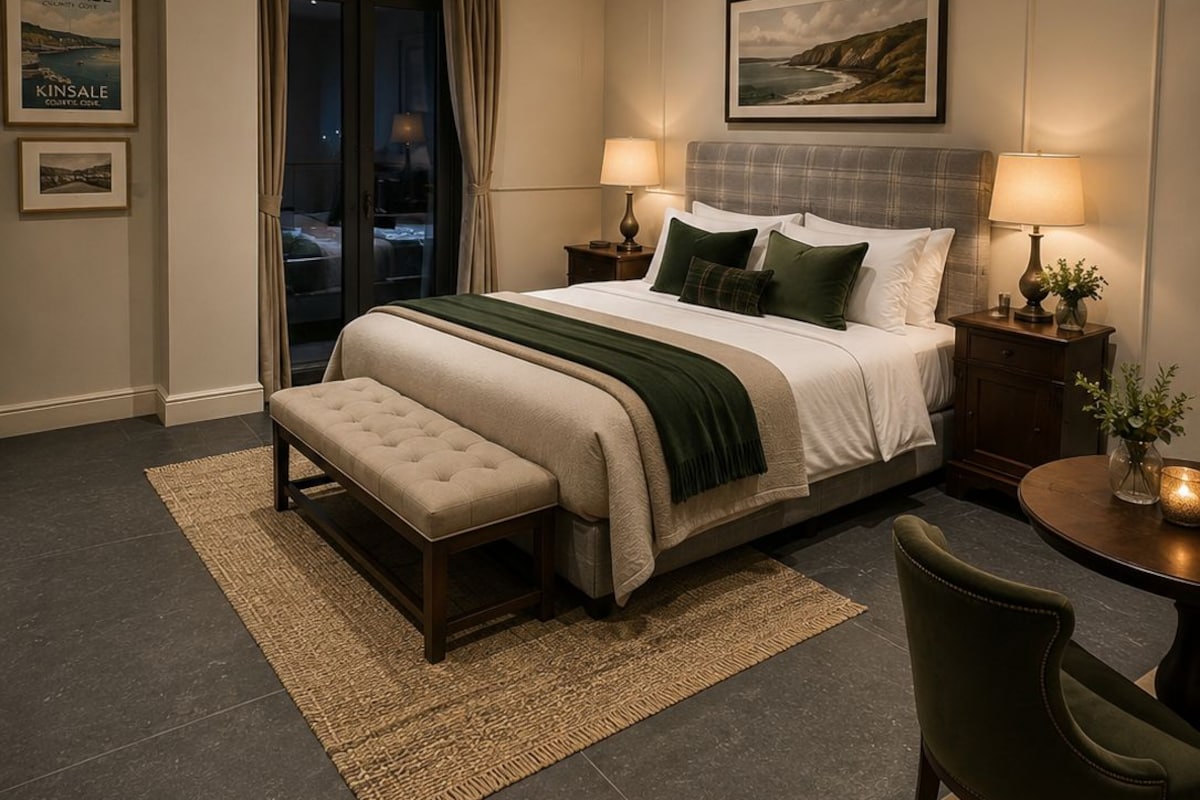 Un dormitorio de hotel con una cama grande, un banco, una mesita y una silla.