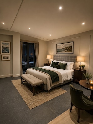 Un dormitorio de hotel con una cama grande, un banco, una mesita y una silla.