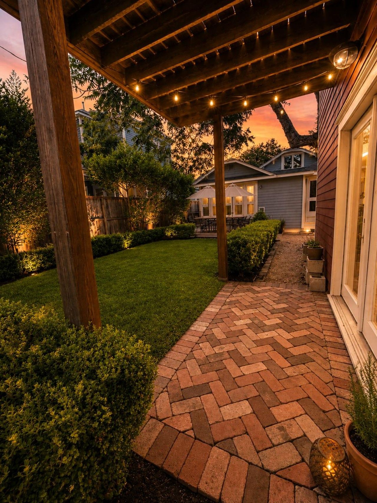 A covered patio area with a brick pathway leading to a house.
