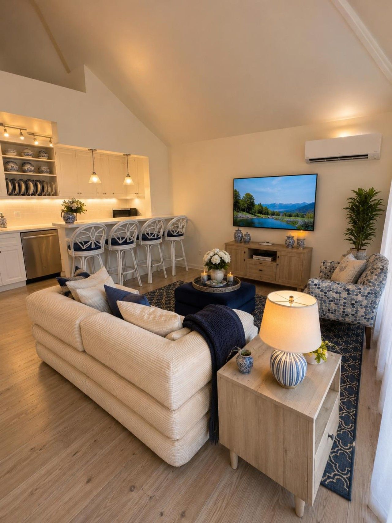 A modern living room with a sofa, a coffee table, and a TV. There is a kitchen area with white cabinets and a dining set.