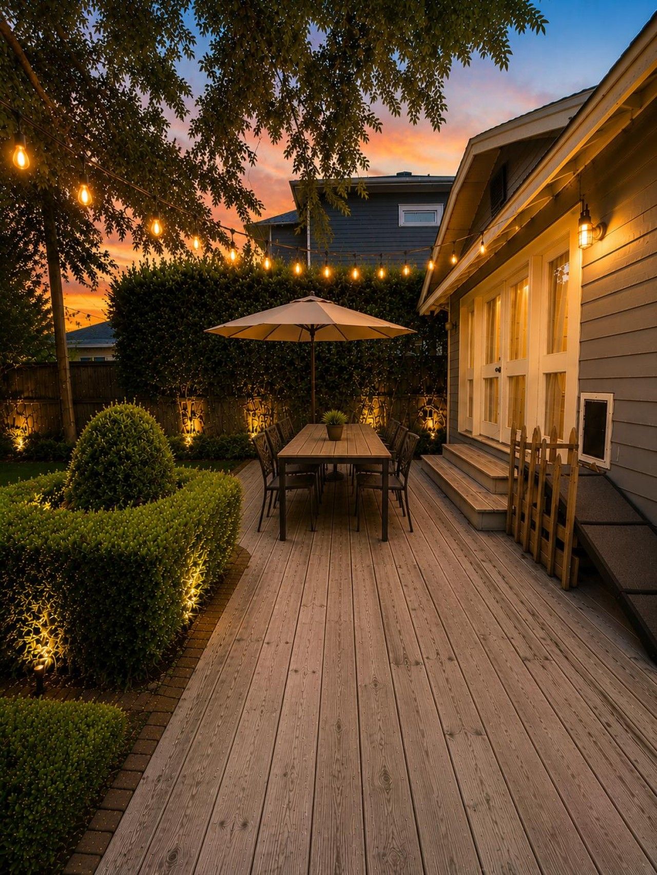Une terrasse extérieure avec une table et des chaises en bois, entourée d’une plateforme en bois et d’une haie.