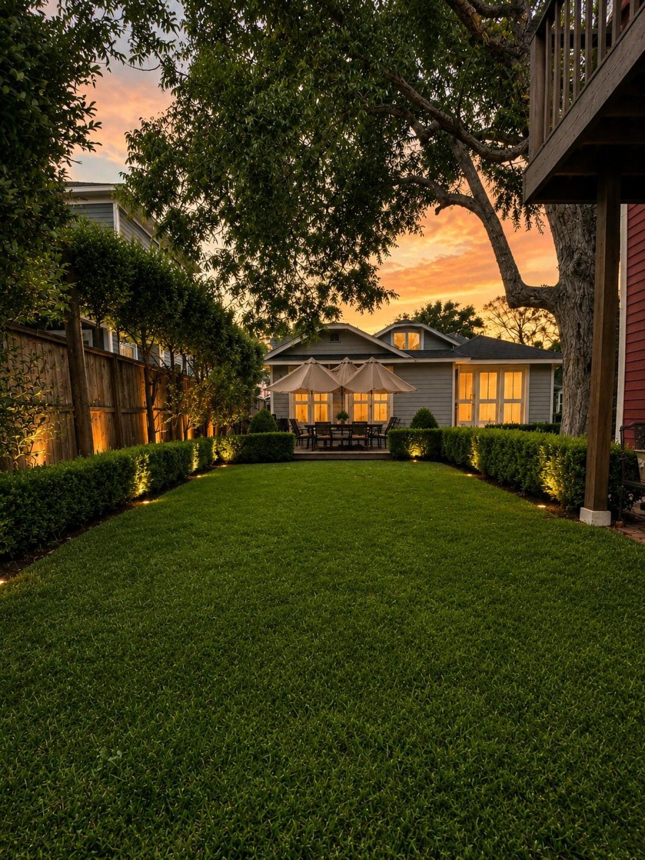 A residential property with a well-maintained lawn, a wooden deck, and a house with a visible front porch and windows.