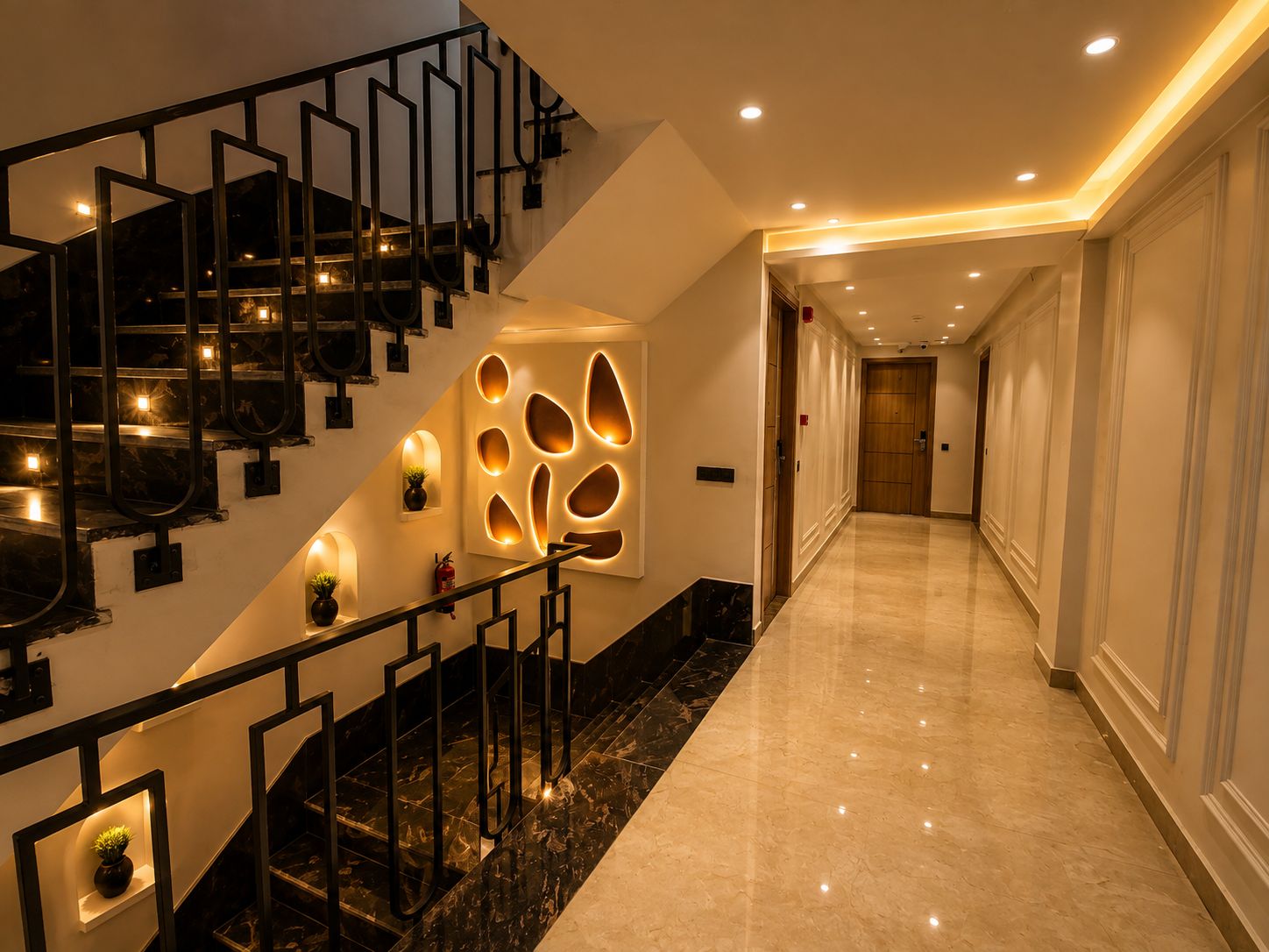 A hotel corridor with a marble floor, a staircase with black railings, and recessed lighting.