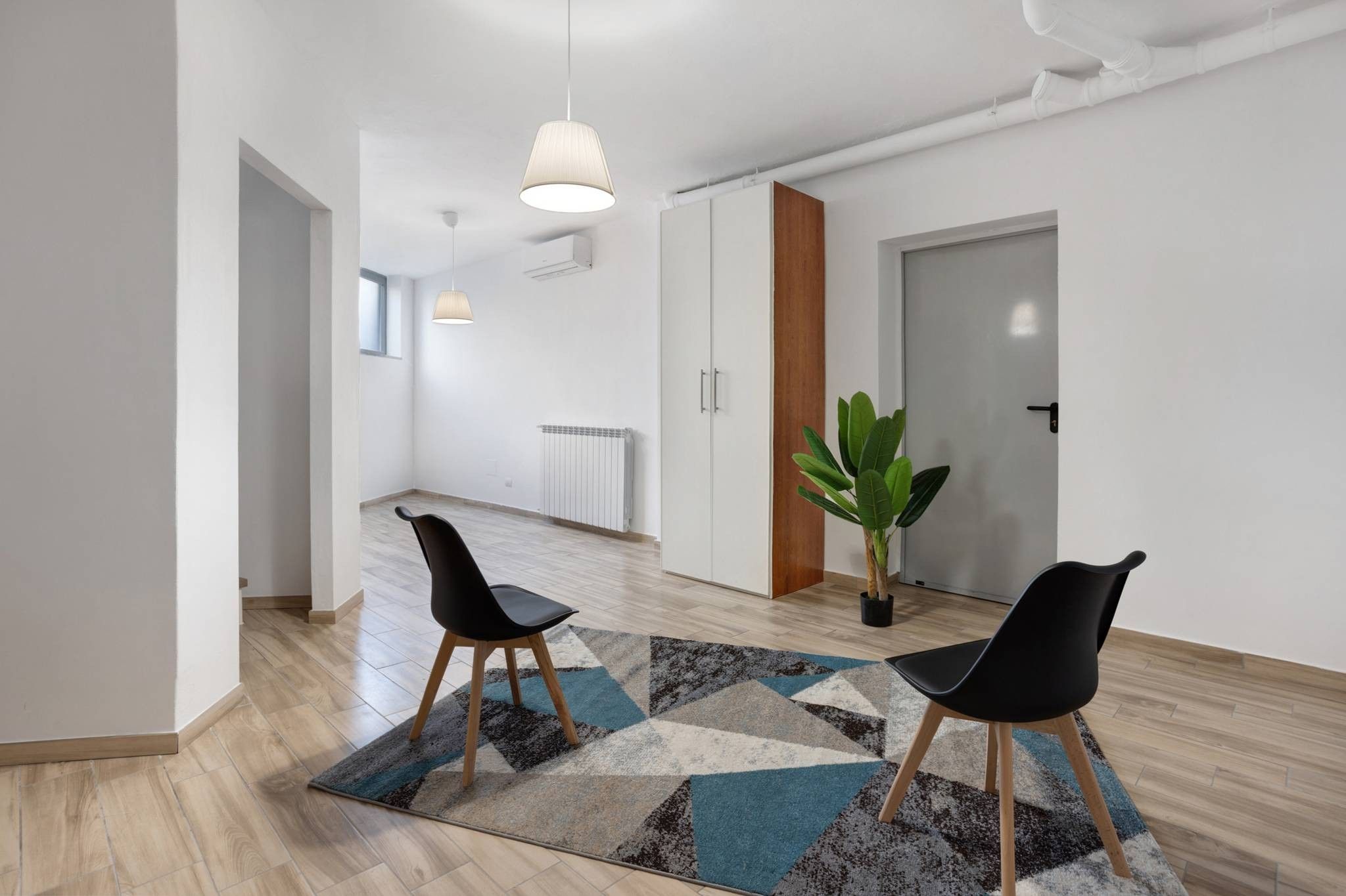 Ein modernes Interieur mit zwei schwarzen Stühlen, einem gemusterten Teppich, einer Zimmerpflanze und einer weißen Tür.
