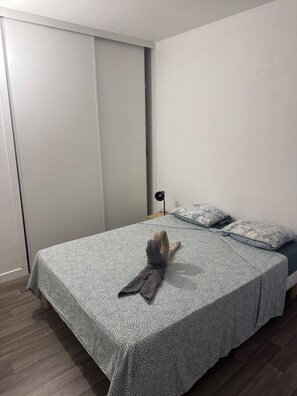 A bedroom with a bed, a nightstand, a lamp, and a wardrobe. - Peaceful 4-bedroom apartment in welcoming Toulouse neighborhood (Toulouse)