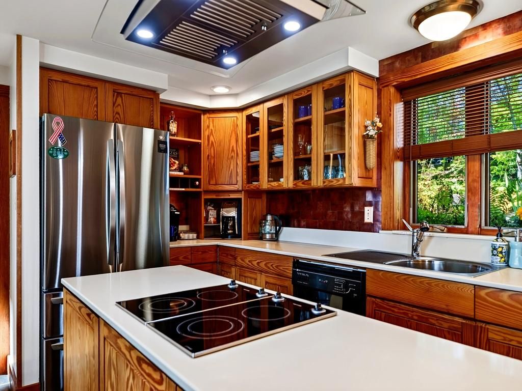 A modern kitchen with wooden cabinets, stainless steel appliances, and a large window.