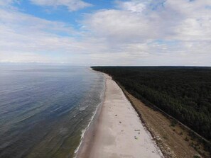 A coastal landscape with a sandy beach and dense forest. - Osada Rybacka - Forest Cottage, Sauna included (Powiat wejherowski)