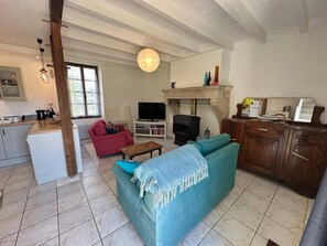 Una sala de estar con chimenea, televisión, sofá y una zona de cocina.