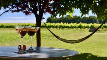 Zwei Gläser mit einem dunklen Getränk auf einem Tisch im Freien, im Hintergrund ein Baum und ein Weinberg.