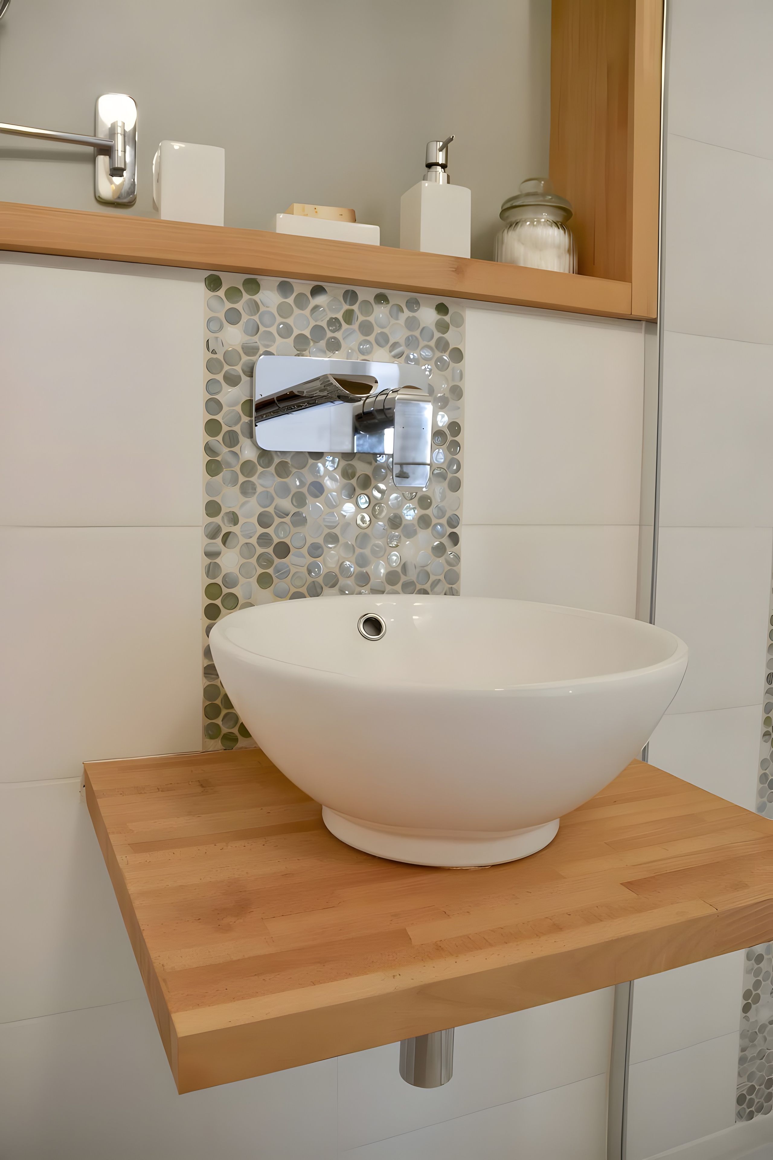 A bathroom with a white vessel sink on a wooden shelf, a mirror above, and a tiled wall with circular patterns.
