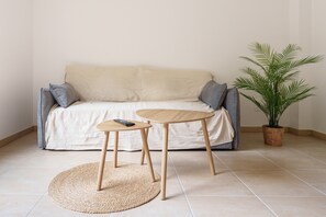 Un salon comprenant un canapé, deux petites tables en bois, un tapis tissé et une plante en pot.