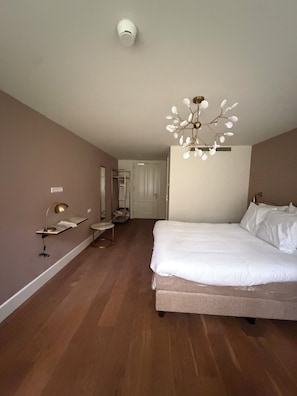 A bedroom with a large bed, a bedside table, a lamp, and a ceiling light fixture. - Parkhotel & Wellness Madeleine (Bavel)