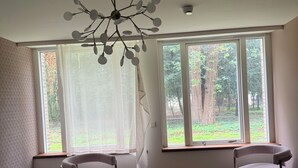 Une chambre avec un grand lit, deux fauteuils, un lustre moderne et de grandes fenêtres donnant sur la forêt.