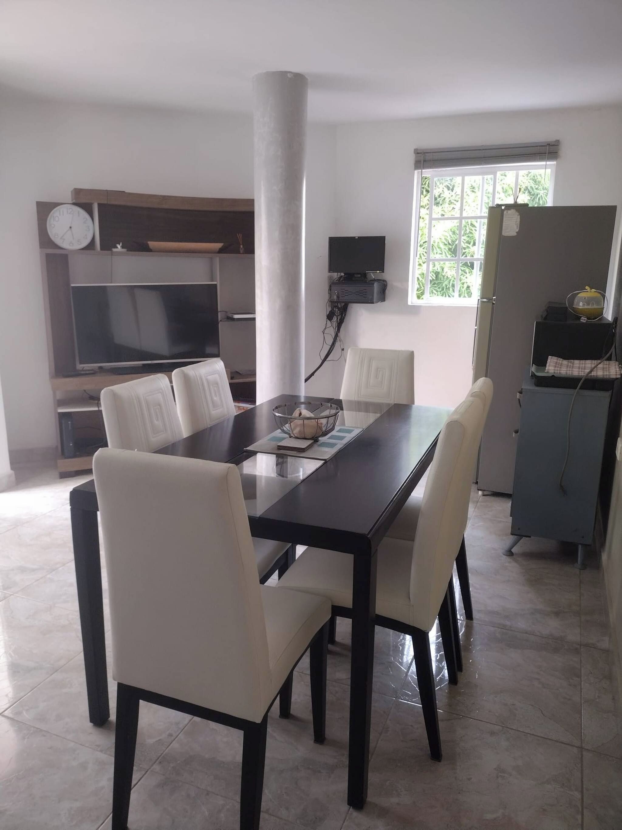 Un coin repas avec une table en bois foncé et des chaises blanches, un téléviseur posé sur un meuble, et une fenêtre donnant sur un paysage verdoyant.