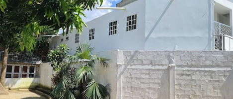 A white building with multiple windows and a brick pathway leading to it.