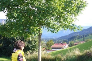 A person standing under a tree with a view of a rural landscape and houses in the distance. - Holiday apartment with 1 bedroom (Fischen)