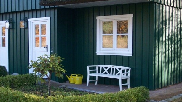 A green building with a white bench and a small tree.