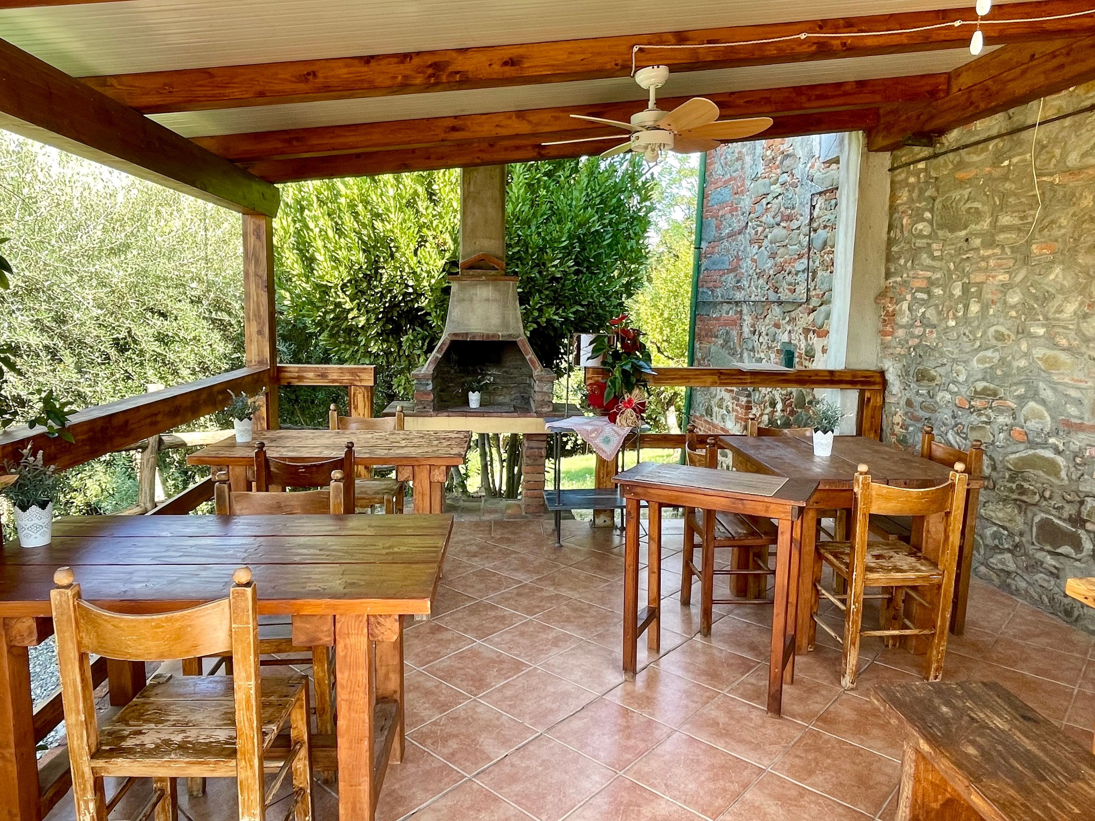 An outdoor patio with wooden tables and chairs, a stone wall, and a brick oven.