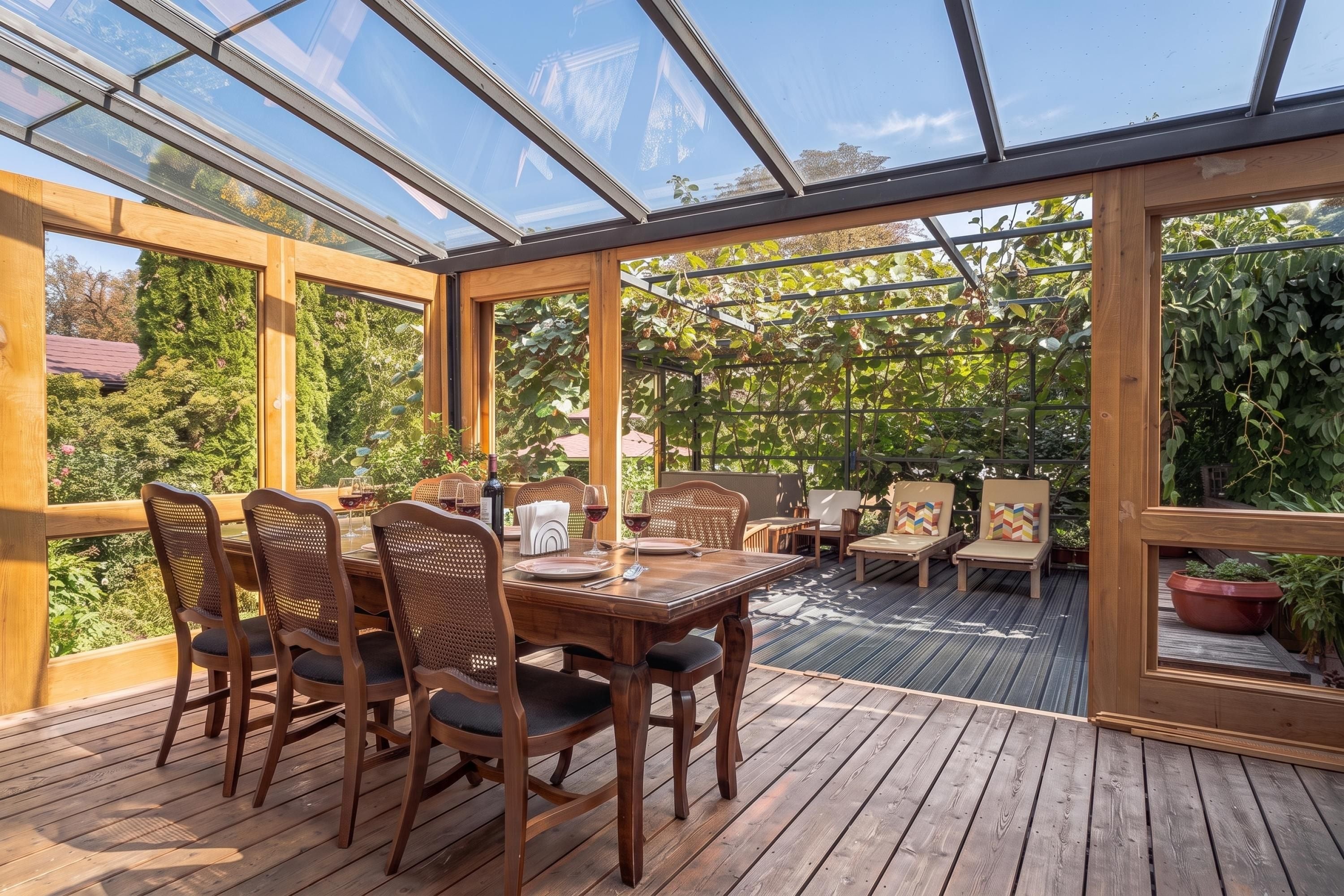 Eine überdachte Terrasse mit einem Holztisch und -stühlen, umgeben von viel Grün.