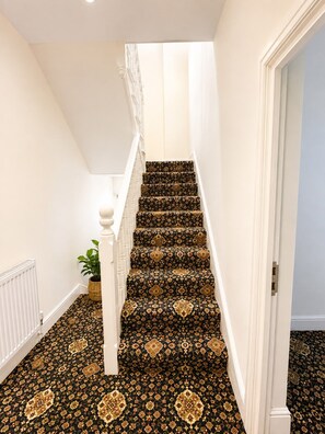 A staircase with ornate carpet patterns leading to a landing.