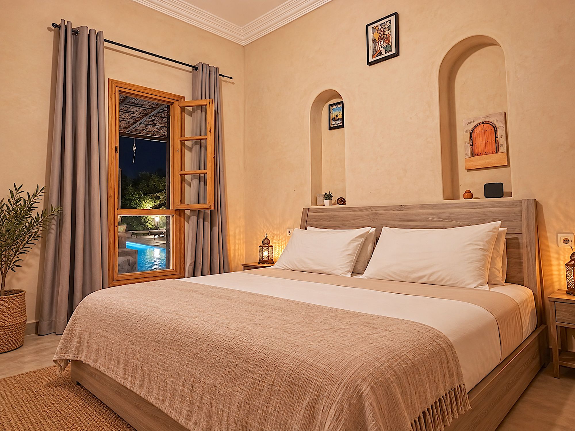 Quarto com uma cama grande, janela com cortinas, mesa de cabeceira com abajur e um vaso de planta.