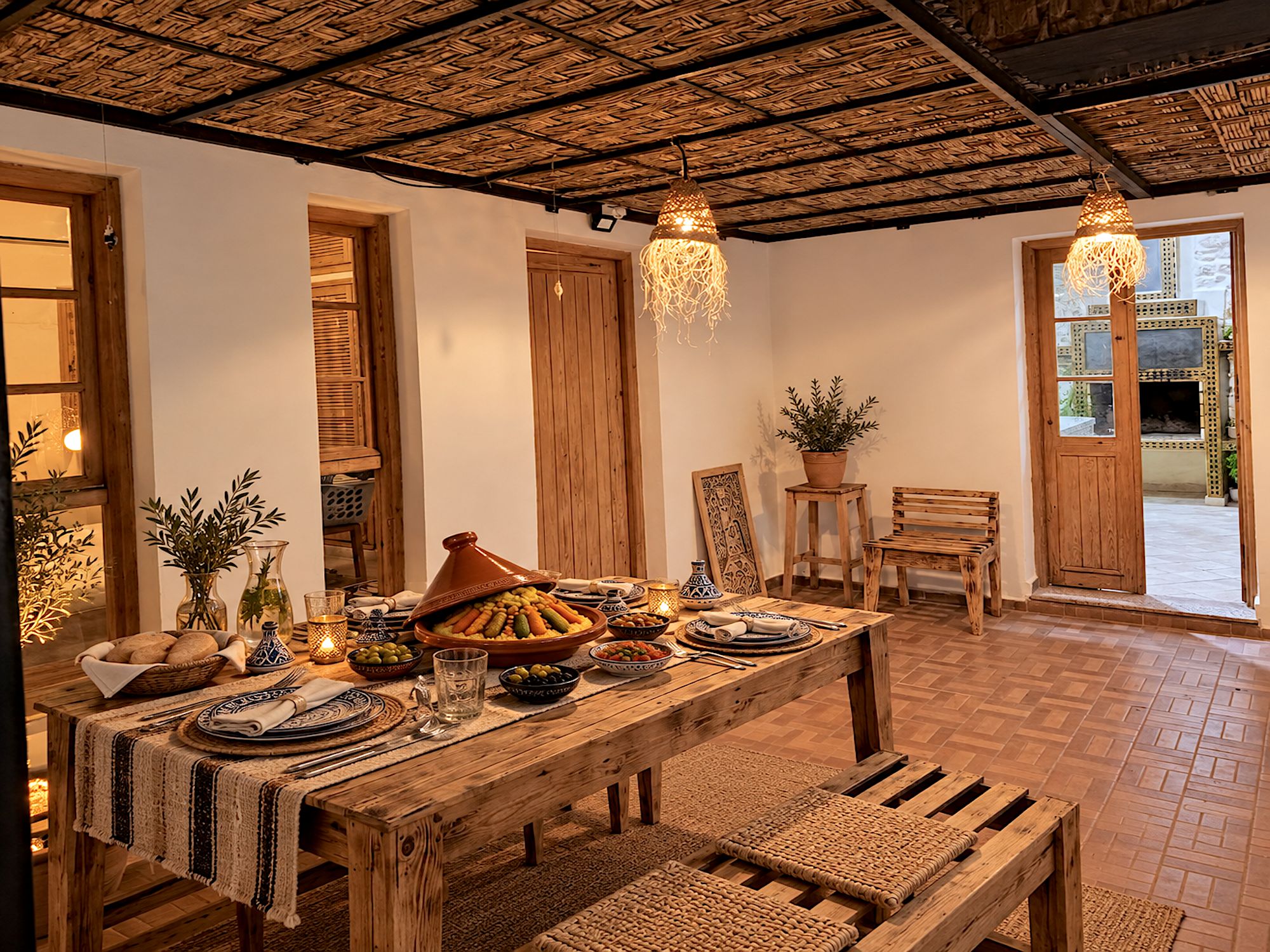 A wooden dining table set with various dishes, a woven bench, and a rustic ceiling.