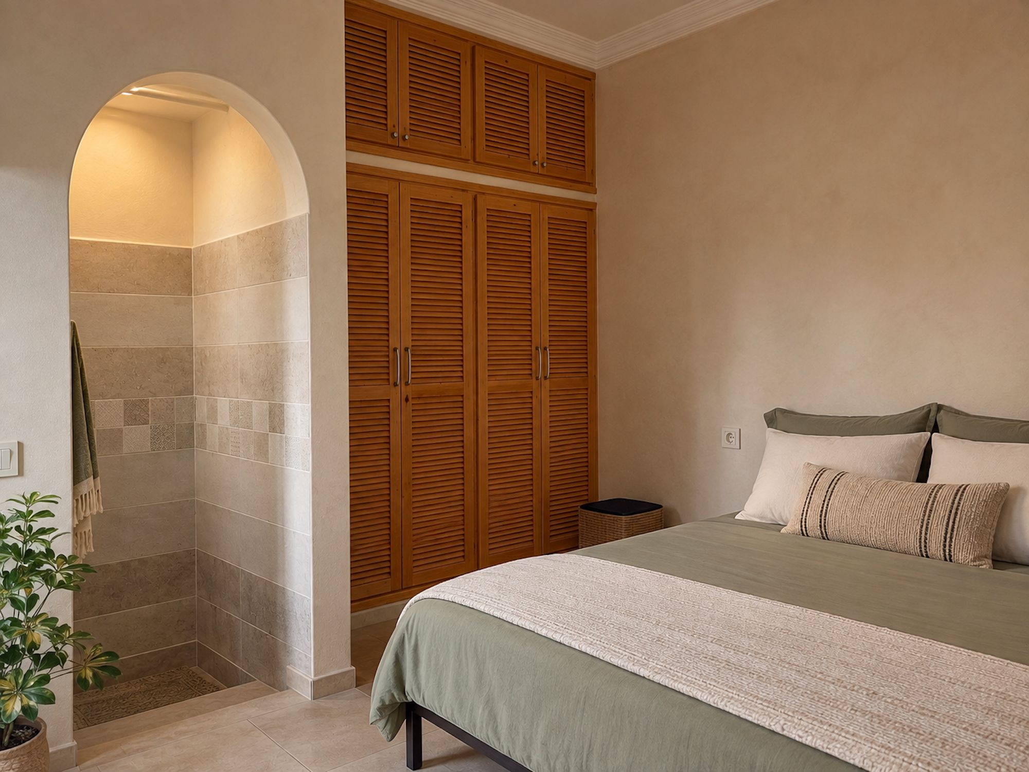 A bedroom with a bed, a wooden wardrobe, and a shower area.