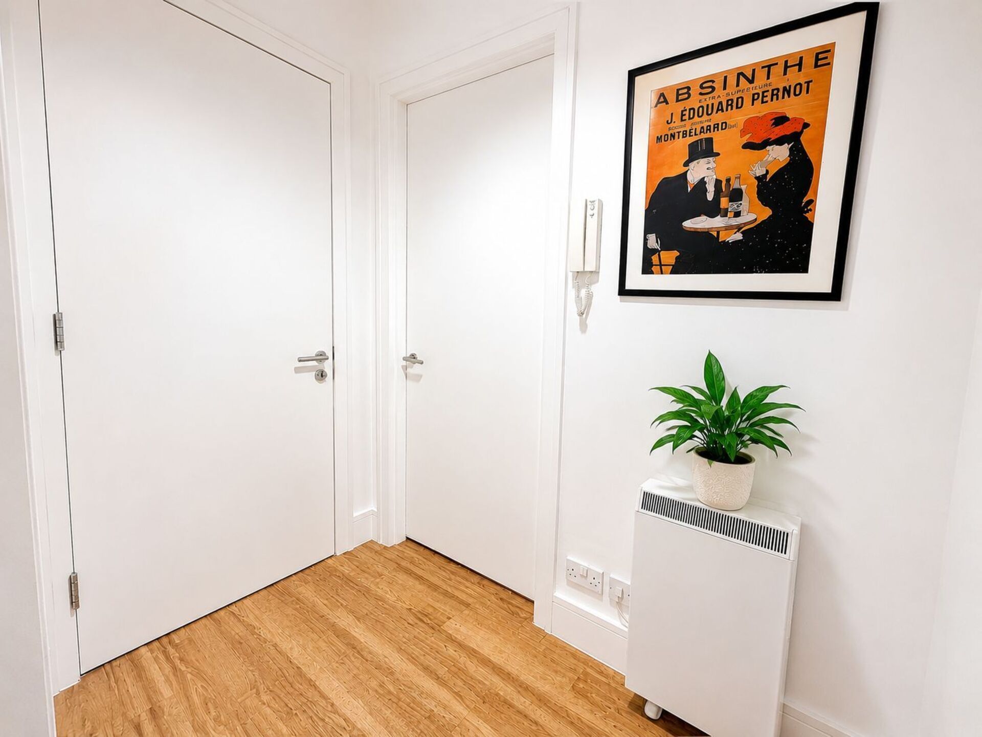 Corredor com portas brancas, um cartaz emoldurado e uma planta em vaso sobre um radiador.