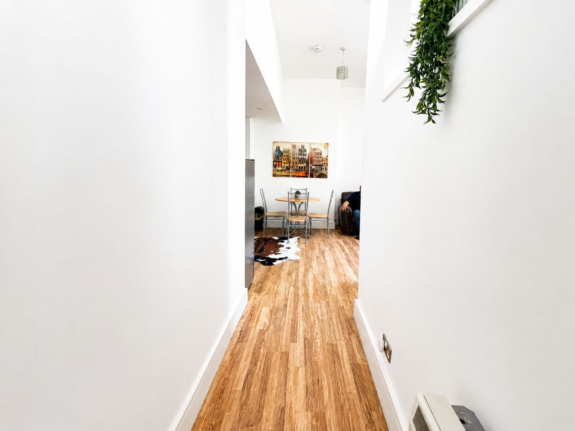 Een gang met een houten vloer, een eetgedeelte met een tafel en stoelen, en een aan de muur bevestigde plant.