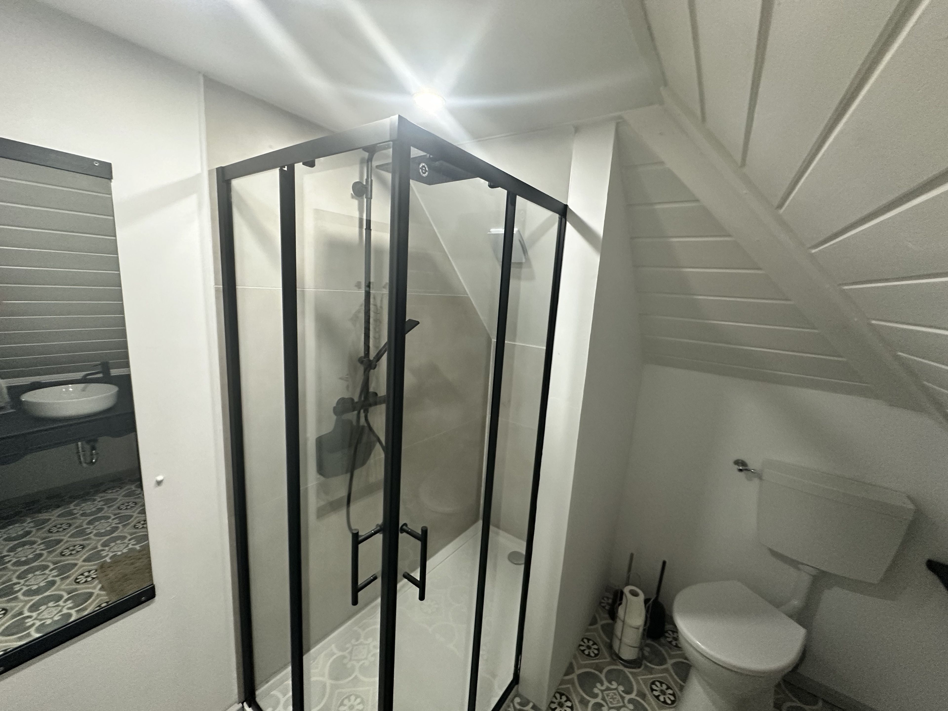 Ein modernes Badezimmer mit einer gläsernen Duschkabine, einer Toilette und einem Waschbecken.