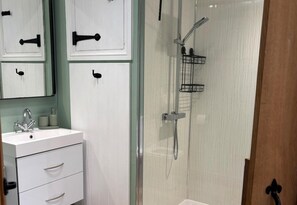 Shower, hair dryer, towels
