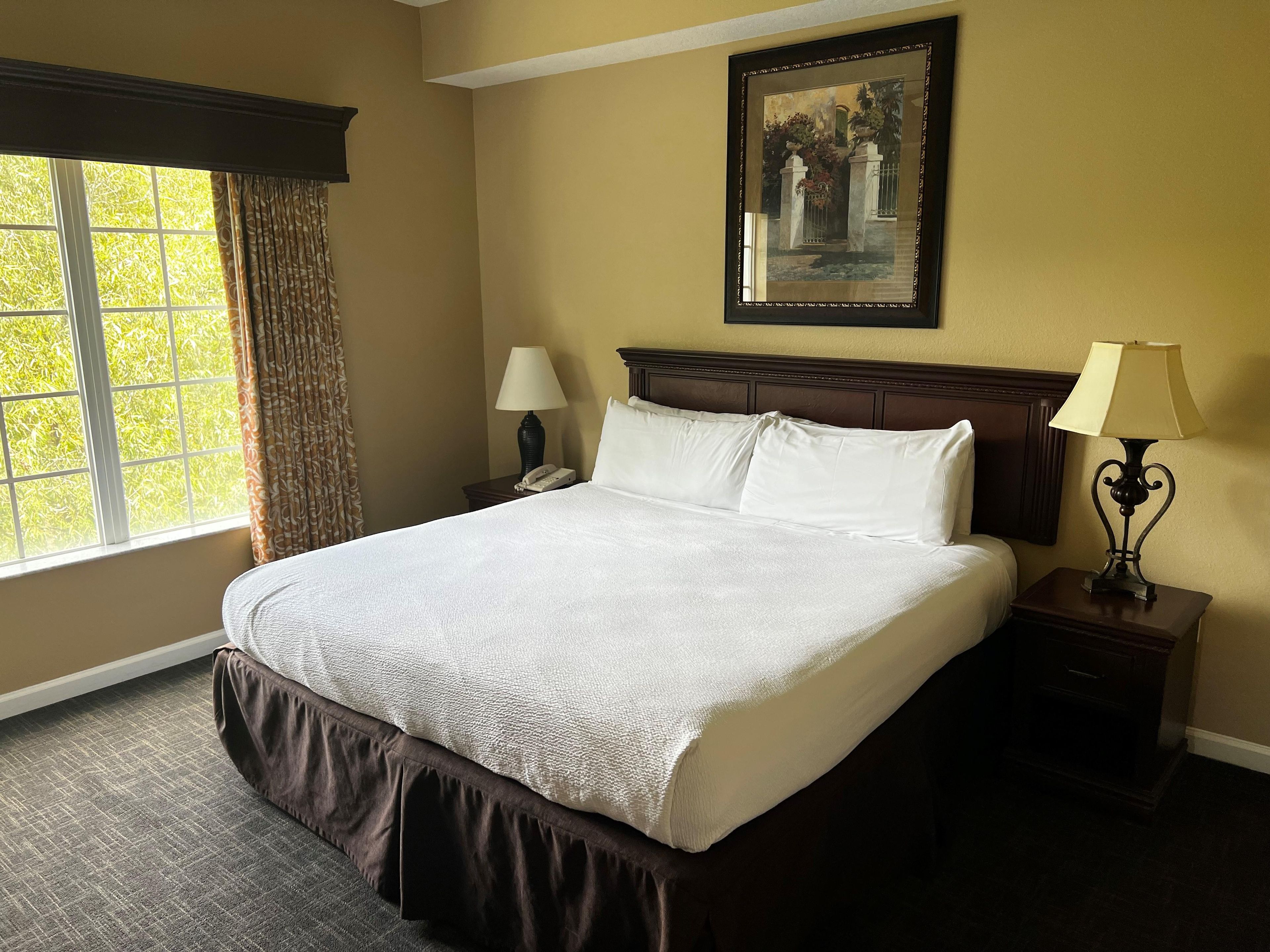 A hotel room with a large bed, two bedside tables, a window with curtains, and a framed picture on the wall.