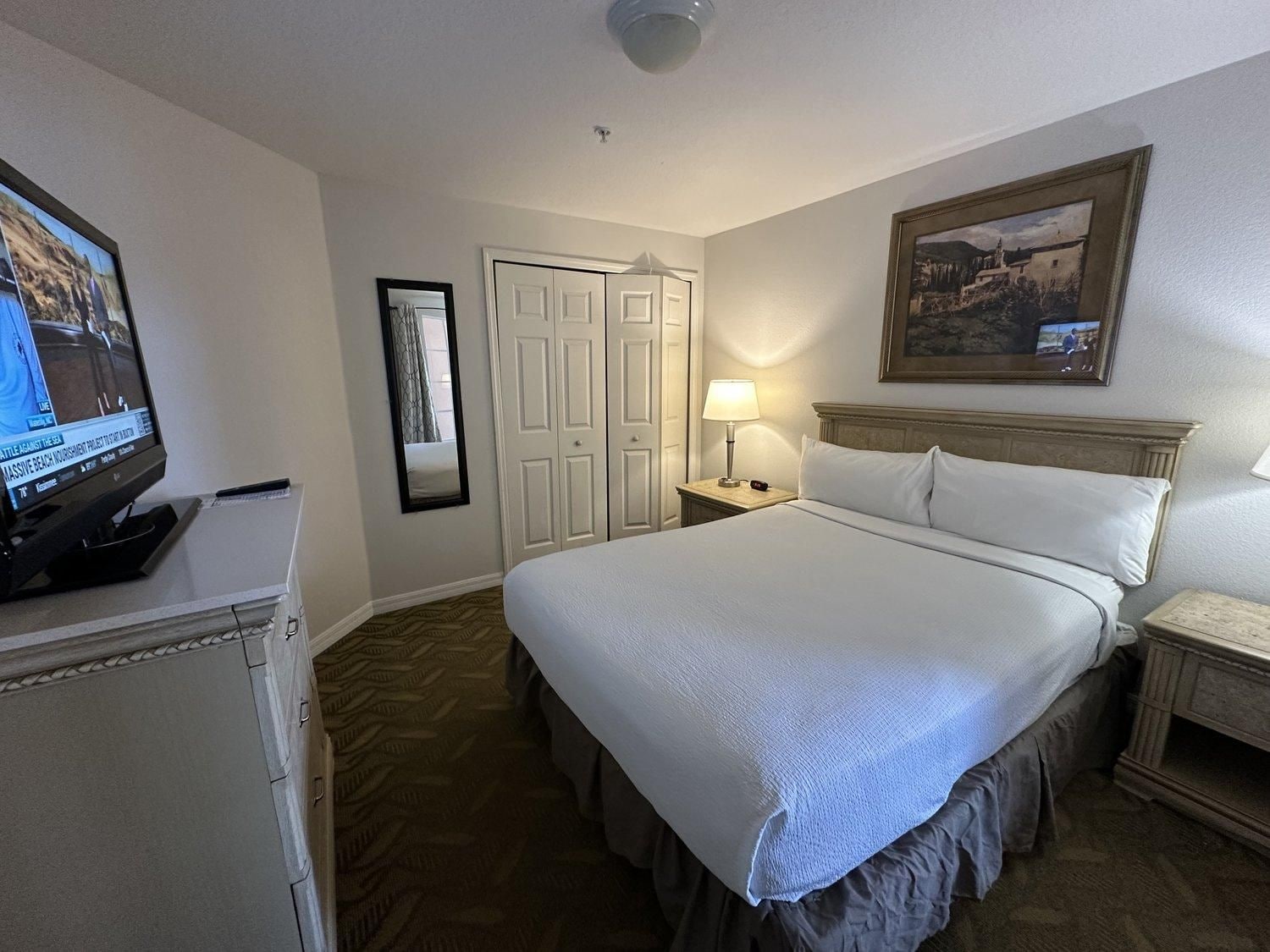 Habitación de hotel con una cama, un televisor en una cómoda, una mesita de noche con lámpara, una puerta y un cuadro en la pared.
