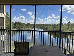 Ein Balkon mit Blick auf einen See und einen Wald.