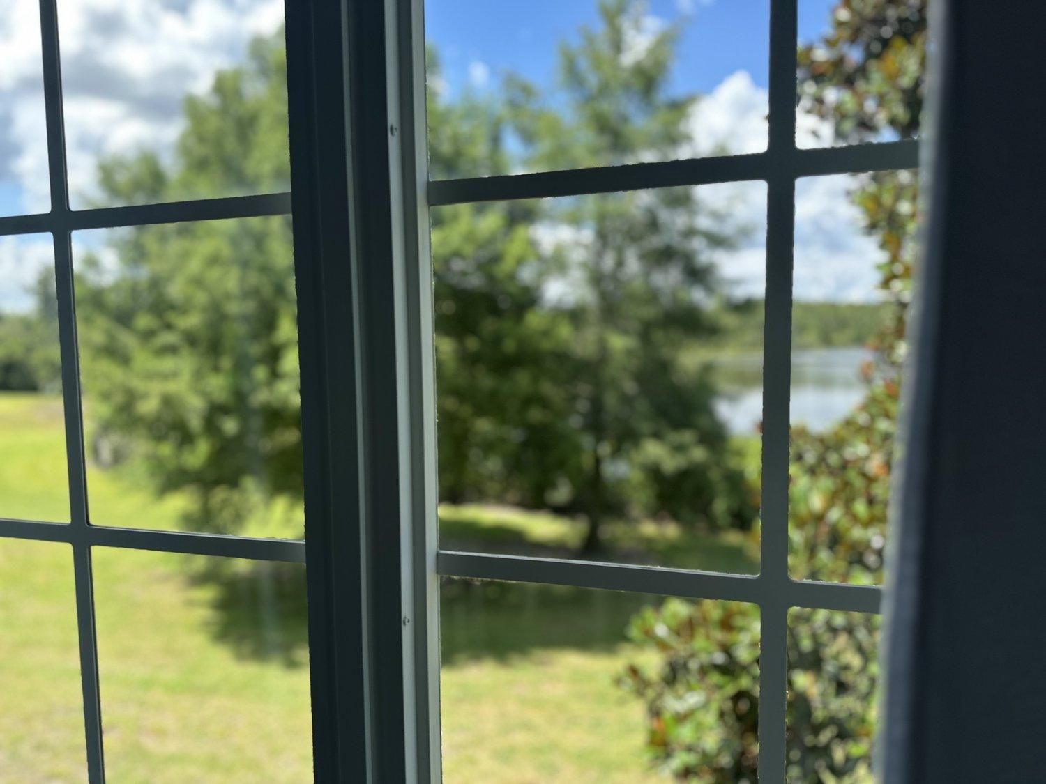 A window with a grid pattern, through which a landscape with trees and a body of water is visible.